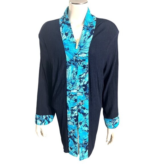 TanJay Size 2X Vintage Black Blue Abstract Trim Jacket Open Front Stretch Travel - Picture 2 of 8